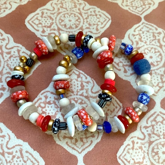 Handmade bracelet set, red,white, blue, African glass beads 2 bracelets … - Picture 2 of 14